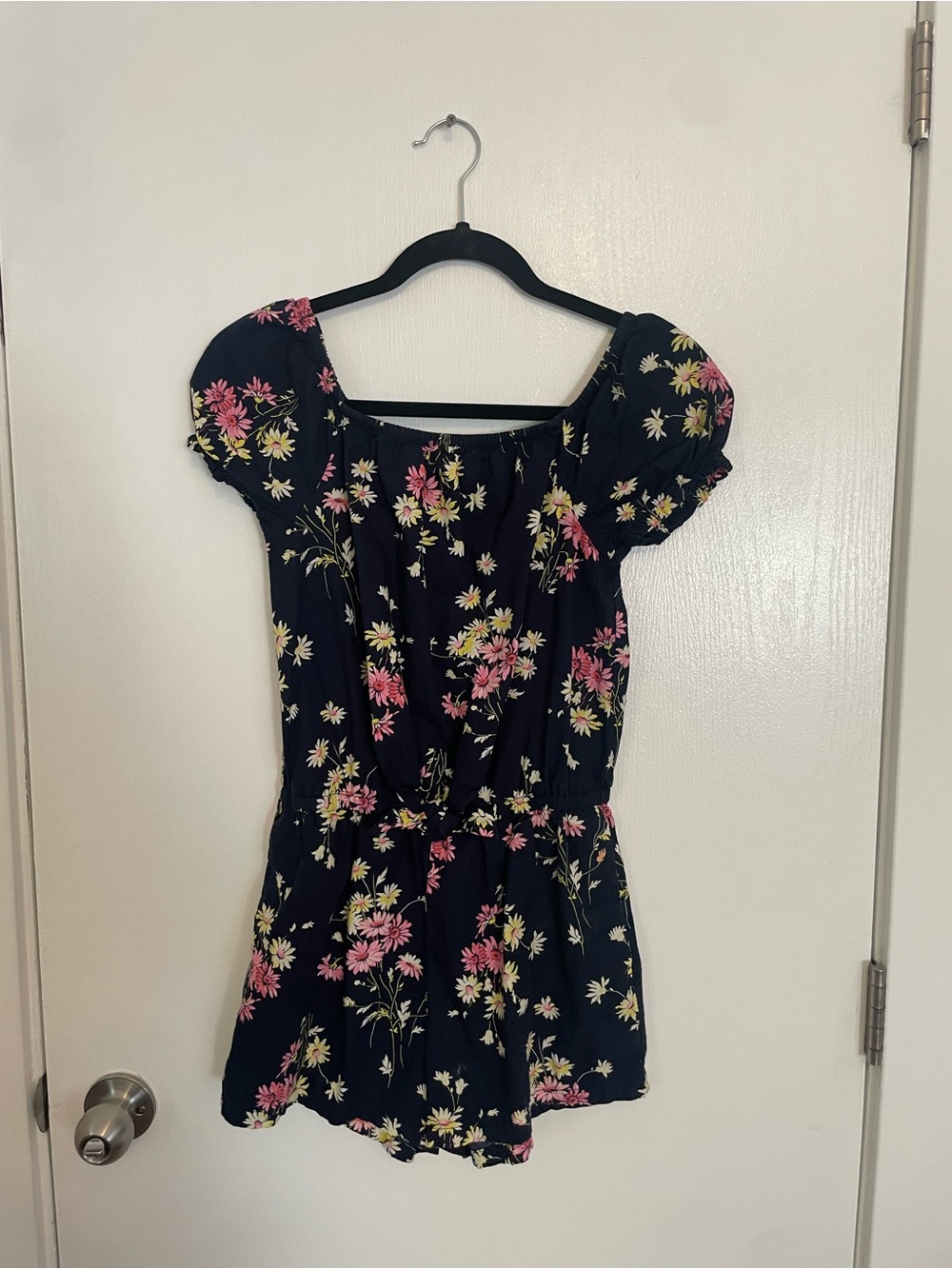 Teen Navy Floral Puff-Sleeve Romper